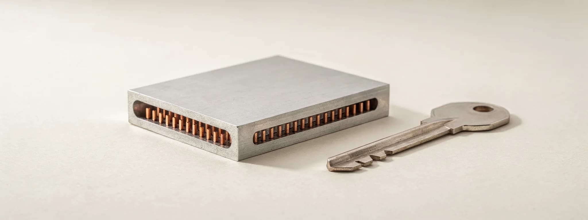 A machined aluminium block with a row of copper contact pins, a brushed-steel key beside it.