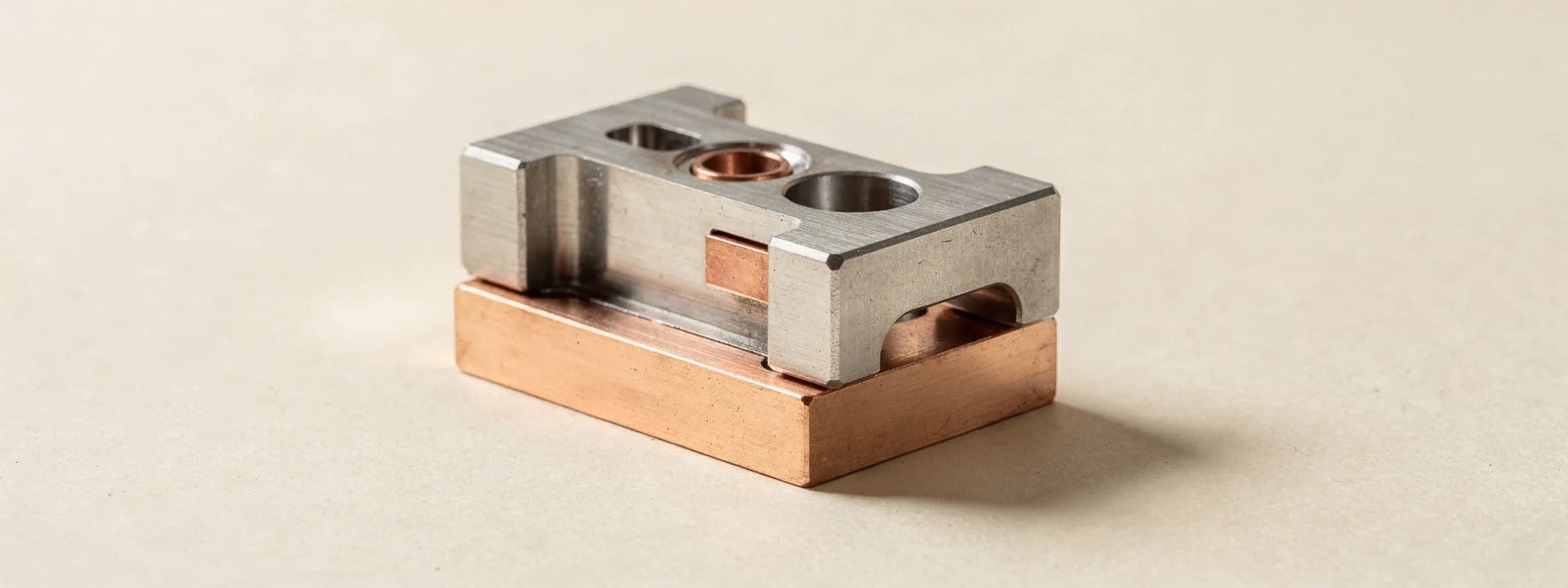 A machined steel model block on a copper base, on paper.